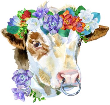 Bull watercolor graphics. Bull animal illustration bull in a wreath of freesias watercolor textured background.
