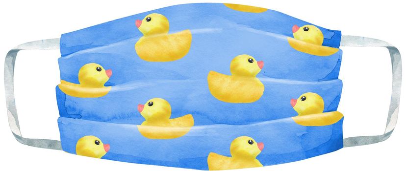 Face mask with yellow ducks. Virus protection against virus watercolor clipart. Health care, hand drawn medical mask.