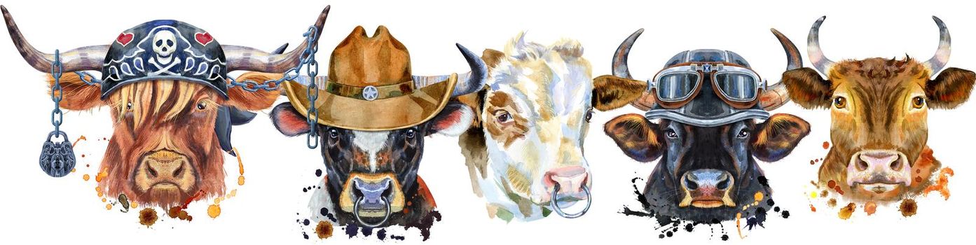 Cute border from watercolor portraits of bulls. For t-shirt graphics. Watercolor bulls illustration