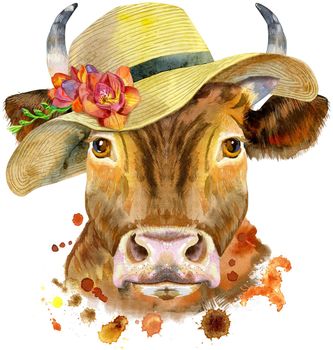 Bull watercolor graphics. Bull in summer hat with freesia animal illustration with splash watercolor textured background.