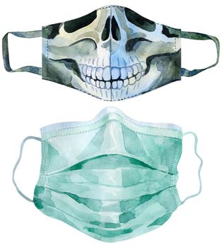 Set of face masks virus protection against virus watercolor clipart. Health care, hand drawn medical mask.