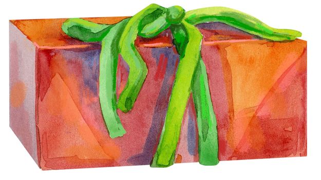 Red gift box with green ribbon bow isolated, watercolor painting on white background