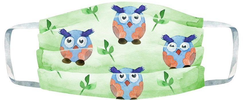 Face mask with owls. Virus protection against virus watercolor clipart. Health care, hand drawn medical mask.