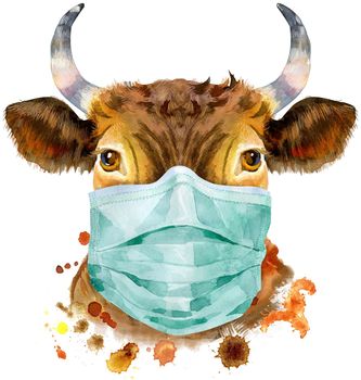 Bull in medical protective mask. Watercolor graphics. Bull animal illustration with splash watercolor textured background.