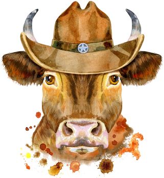 Bull watercolor graphics. Bull animal illustration in a cowboy hat background.