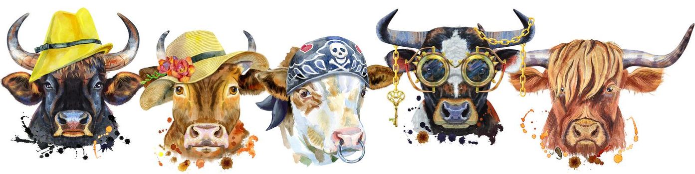 Cute border from watercolor portraits of bulls. For t-shirt graphics. Watercolor bulls illustration