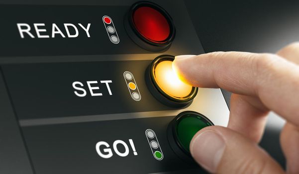 Man pressing countdown buttons on a board to start an event or a race. Composite image between a hand photography and a 3D background.