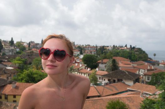 Young woman enjoying Antalya panorama from high point