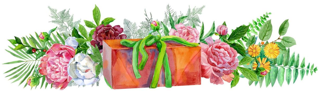 Border with watercolor red box of gift and peonies. Card for your creativity