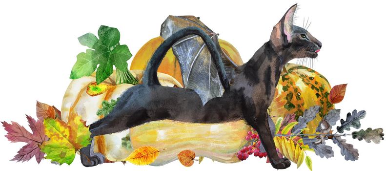Watercolor illustration cute black cat with bat wings with to a Halloween pumpkin.