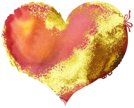 Watercolor red heart with gold strokes, painted by hand