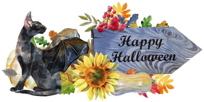 Watercolor illustration cute black cat with bat wings with to a Halloween pumpkin.