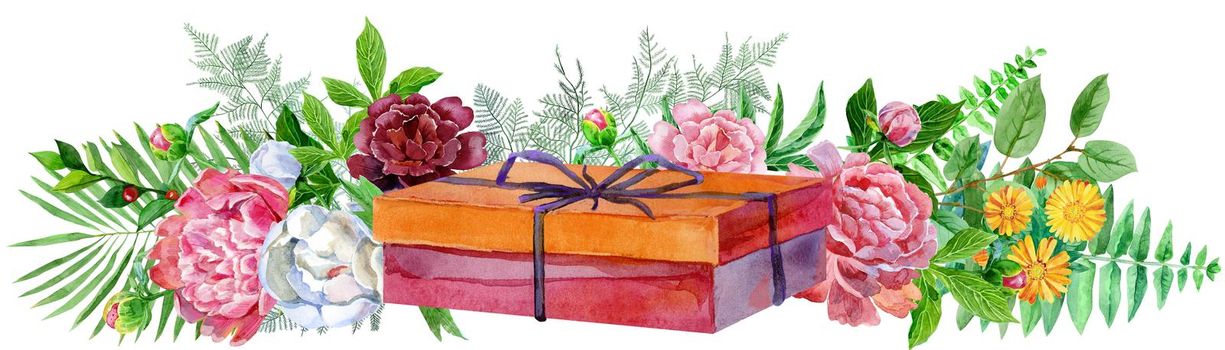 Border with watercolor red box of gift and peonies. Card for your creativity