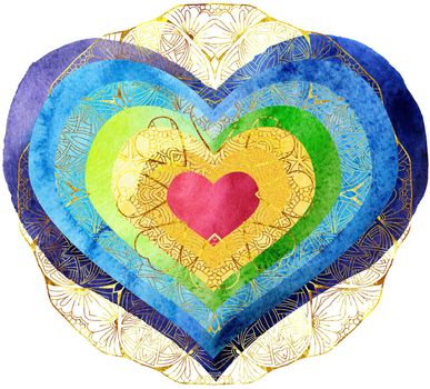 Rainbow heart with gold pattern in watercolor painting, on a white background