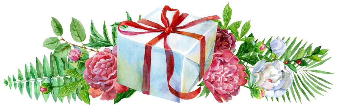 Border with watercolor box of gift and peonies. Card for your creativity