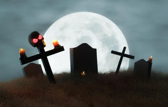 cemetery with a skull on a cross and a full moon in the background. 3d rendering