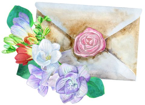 Watercolor hand-drawn illustration of an envelop of kraft paper with freesia on a white background isolated