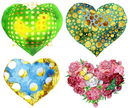 Set of watercolor hearts with light and shade, painted by hand