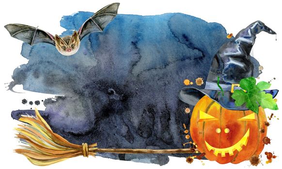 Watercolor Halloween. Hand drawn holiday illustrations isolated on white background: pumpkin in a witch hat on black background. Artistic autumn decor clipart.
