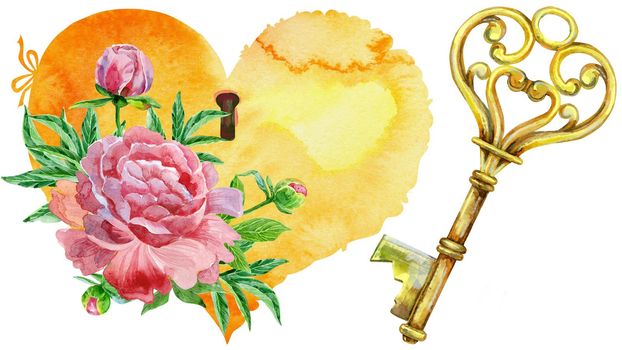 Heart, key and peonies. Watercolor illustration on a white background