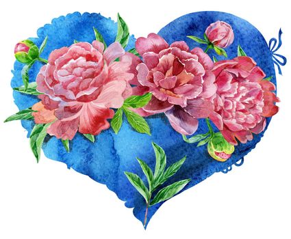 watercolor blue heart with red peonies, painted by hand