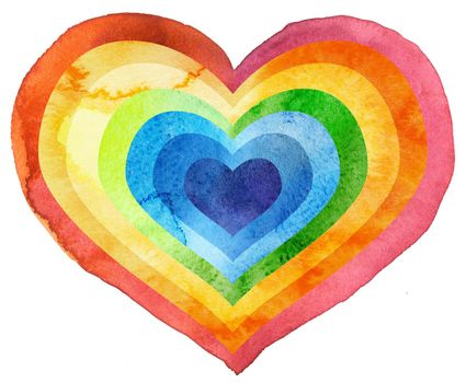 Rainbow heart in watercolor painting, on a white background