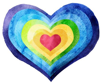 Rainbow heart in watercolor painting, on a white background