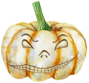 Watercolor halloween pumpkin. Hand painted carved faces pumpkins isolated on white background. Holiday illustration for design, print or background