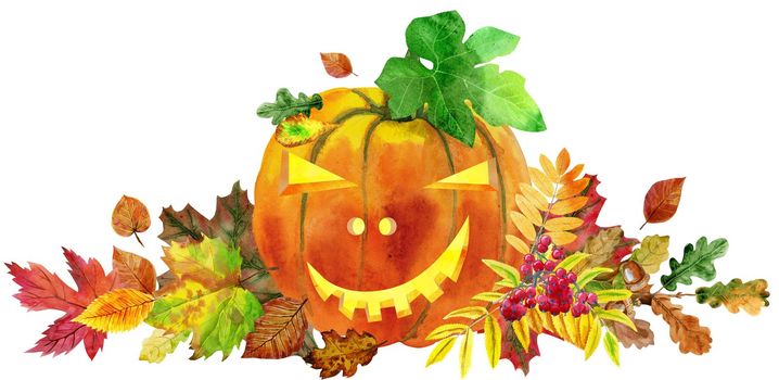 Watercolor halloween pumpkin. Hand painted carved faces pumpkins with leaves. Holiday illustration for design, print or background