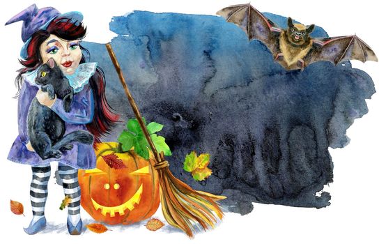 Halloween witch with black cat, pumpkin and broom on black background. Watercolor illustration