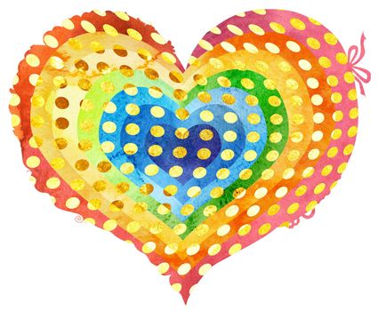 Rainbow heart in watercolor painting with gold dots, on a white background