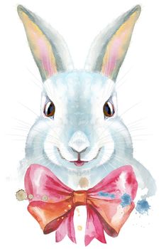 Cute white rabbit on white background with pink bow and splashes, isolated