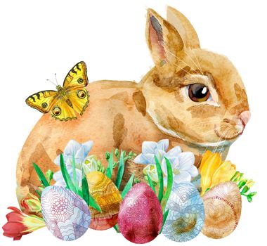 Cute beige rabbit on white background with eggs and freesia, isolated