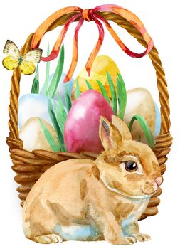 Waterciolor illustration of an Easter basket filled with eggs and a little white Easter rabbit sitting before it
