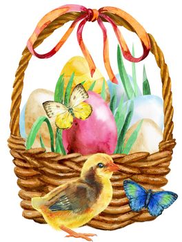 Waterciolor illustration of an Easter basket filled with eggs and chicken