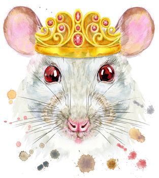 Cute white rat with golden crown for t-shirt graphics. Watercolor rat illustration