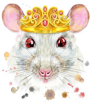 Cute white rat with golden crown for t-shirt graphics. Watercolor rat illustration