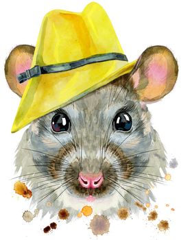 Cute rat in yellow hat for t-shirt graphics. Watercolor rat illustration