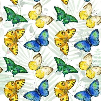 Floral leaves seamless pattern with colorful butterflies on white background. Artistic design for floral print for packaging, textile, wallpaper, gift wrap, greeting or wedding background.