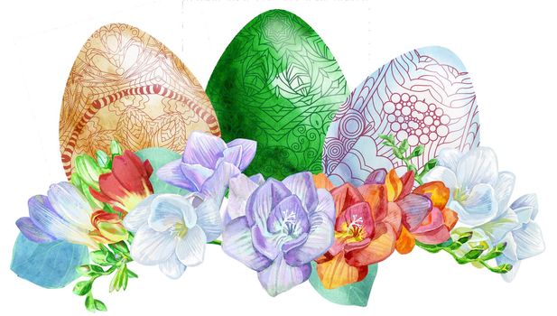 Watercolor Easter colored eggs with freesia and green grass on white background. Design element for greeting cards, note cards and invitations.