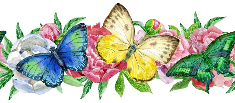 Seamless floral border with colorful butterflies and peonies on white background. Artistic design for floral print for packaging, textile, wallpaper, gift wrap, greeting or wedding background.