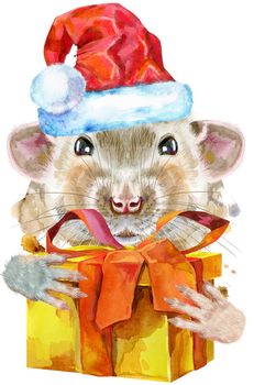 Cute white rat with gift in Santa hat for t-shirt graphics. Watercolor rat illustration