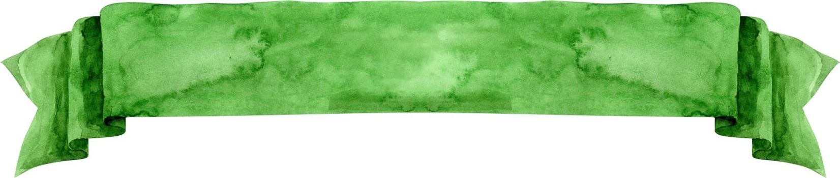 Watercolor hand-drawn illustration. Green waving flag or banner