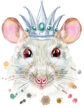 Cute white rat with silver crown for t-shirt graphics. Watercolor rat illustration