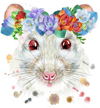Cute white rat for t-shirt graphics. Watercolor rat with freesia and eucalyptus wreath illustration