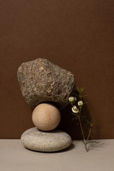 Abstract nature scene with composition of stones and dry branch. Neutral beige background for cosmetic, beauty product branding, identity and packaging. Natural pastel colors. Copy space, front view. 