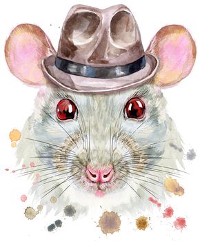 Cute white rat in brown hat for t-shirt graphics. Watercolor rat illustration