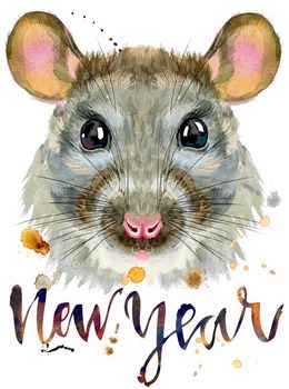 Cute rat with the inscription new year for t-shirt graphics. Watercolor rat illustration