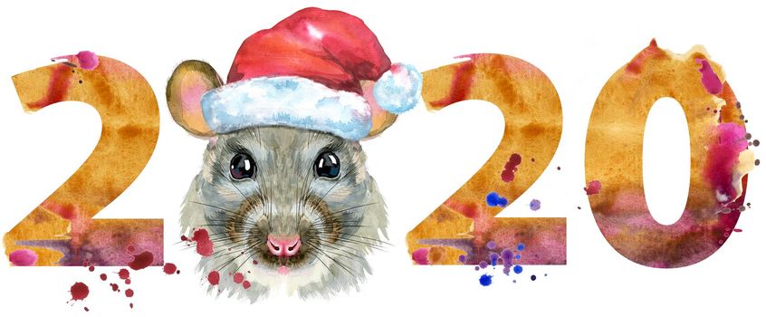 Cute rat for t-shirt graphics. Watercolor rat in Santa hat illustration with year 2020