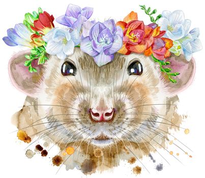 Cute white rat for t-shirt graphics. Watercolor rat with freesia and eucalyptus wreath illustration